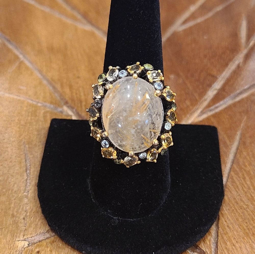 Gold Rutilated Quartz Citrine Peridot Sterling Silver Gemstone Ring 8.75 Rhodium